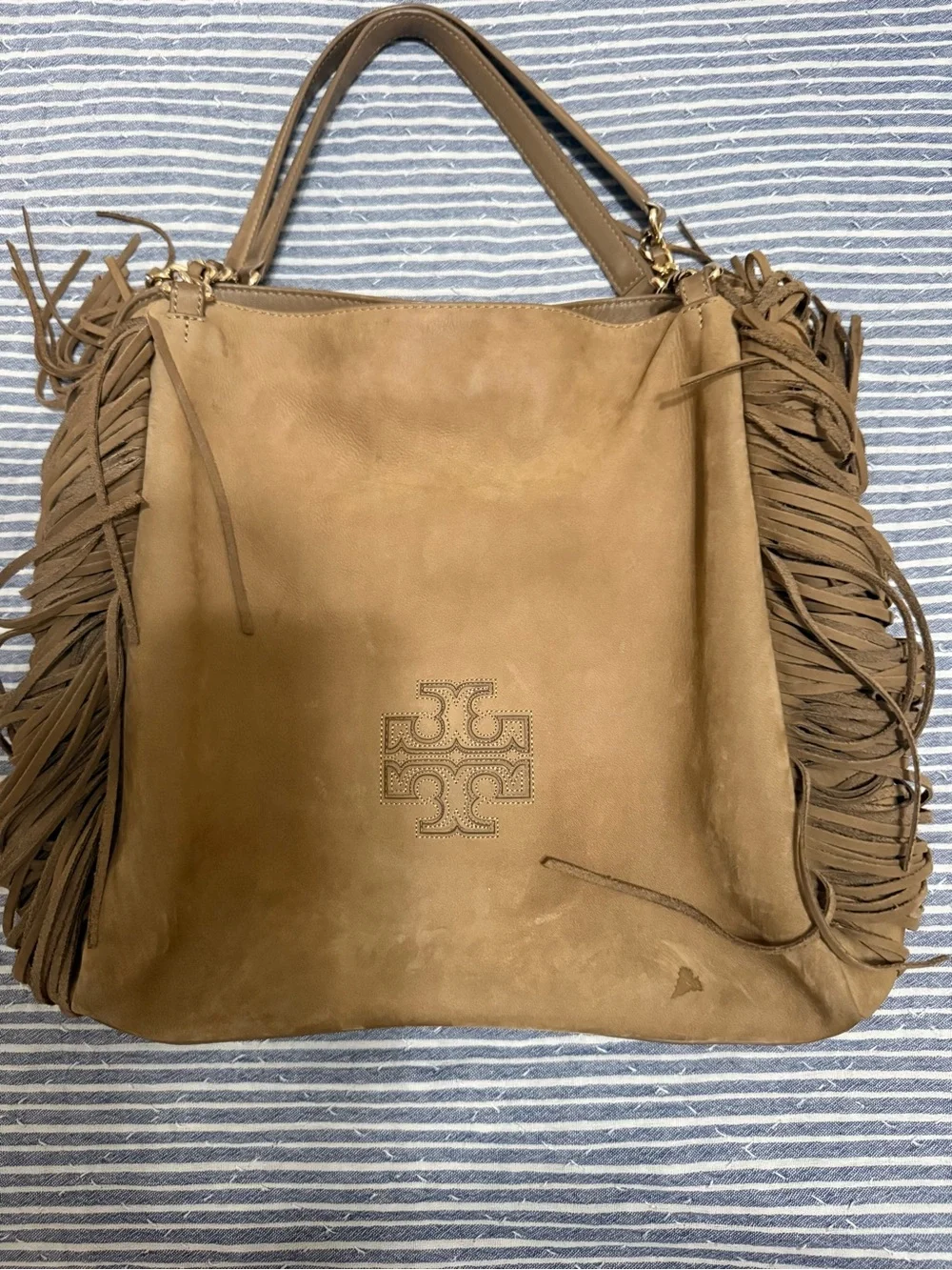 Tory Burch Suede Leather Tote with Logo-Print Interior